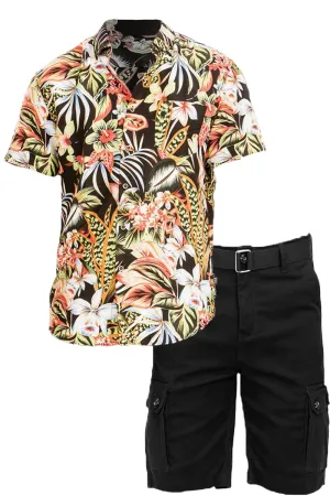 Black Multi Hawaiian Shirt Cargo Short Set