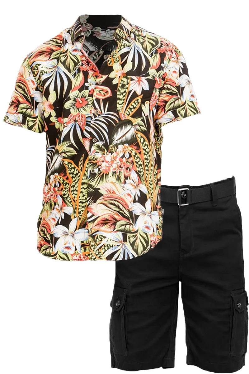 Black Multi Hawaiian Shirt Cargo Short Set