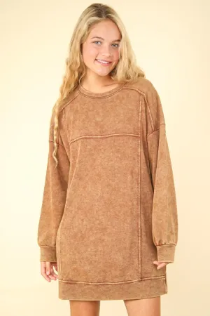 Camel Mineral Washed Oversized Sweatshirt Dress