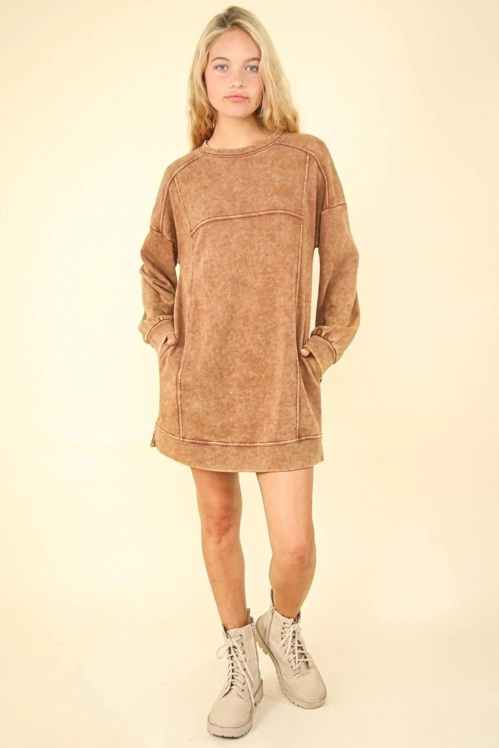 Camel Mineral Washed Oversized Sweatshirt Dress