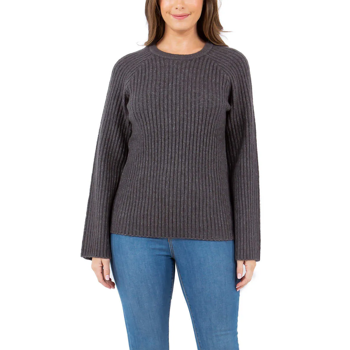 Fever Women's Bell Sleeve Soft Marled Ribbed Knit Crewneck Sweater