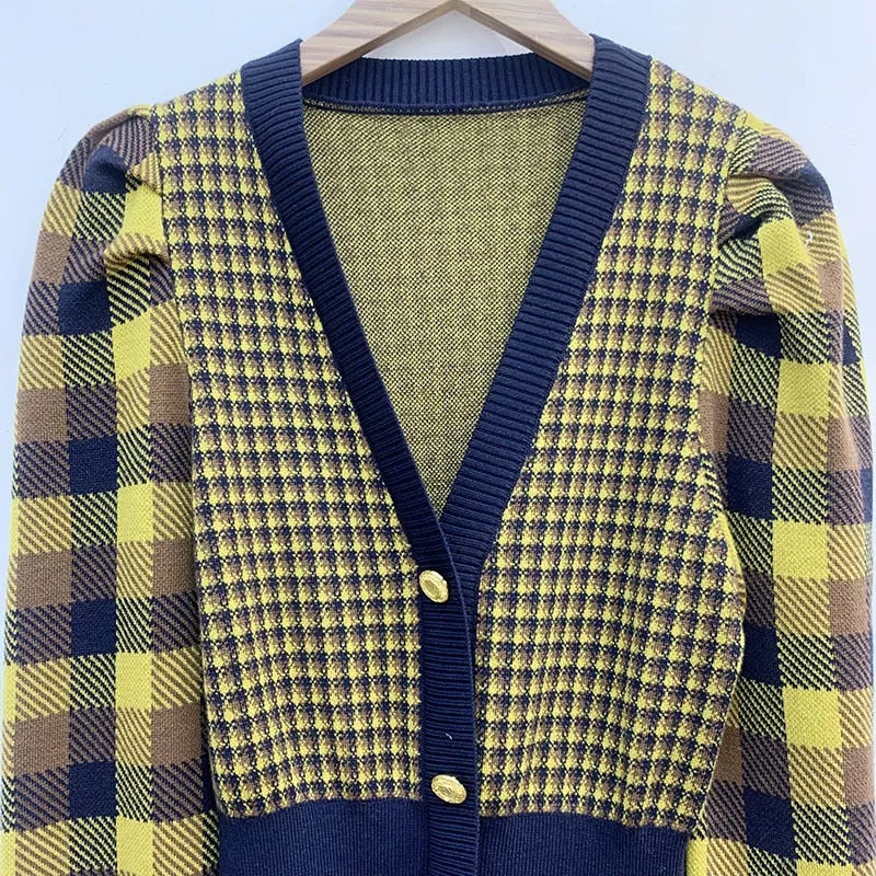 Korean Vintage Yellow Plaid Dresses for Women Designers Autumn Winter Clothes 2022 Fashion Elegant Long Sleeve Mini Dress