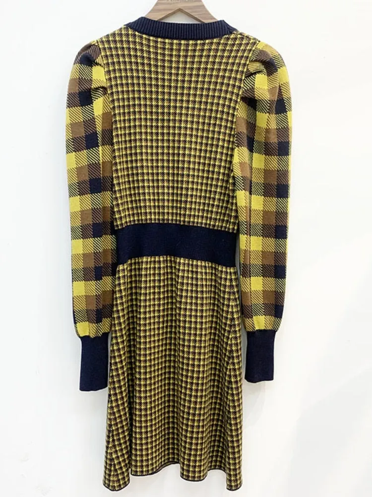 Korean Vintage Yellow Plaid Dresses for Women Designers Autumn Winter Clothes 2022 Fashion Elegant Long Sleeve Mini Dress