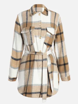 Plaid Thickened Wool Strapped Coat (Khaki)