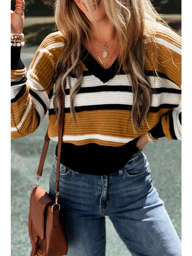 Stripe Cropped V-Neck Sweater - Brown and Black