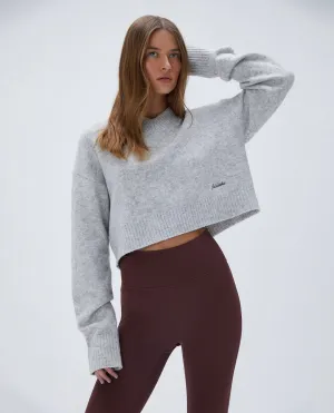 V Neck Knit Sweatshirt - Light Grey Melange