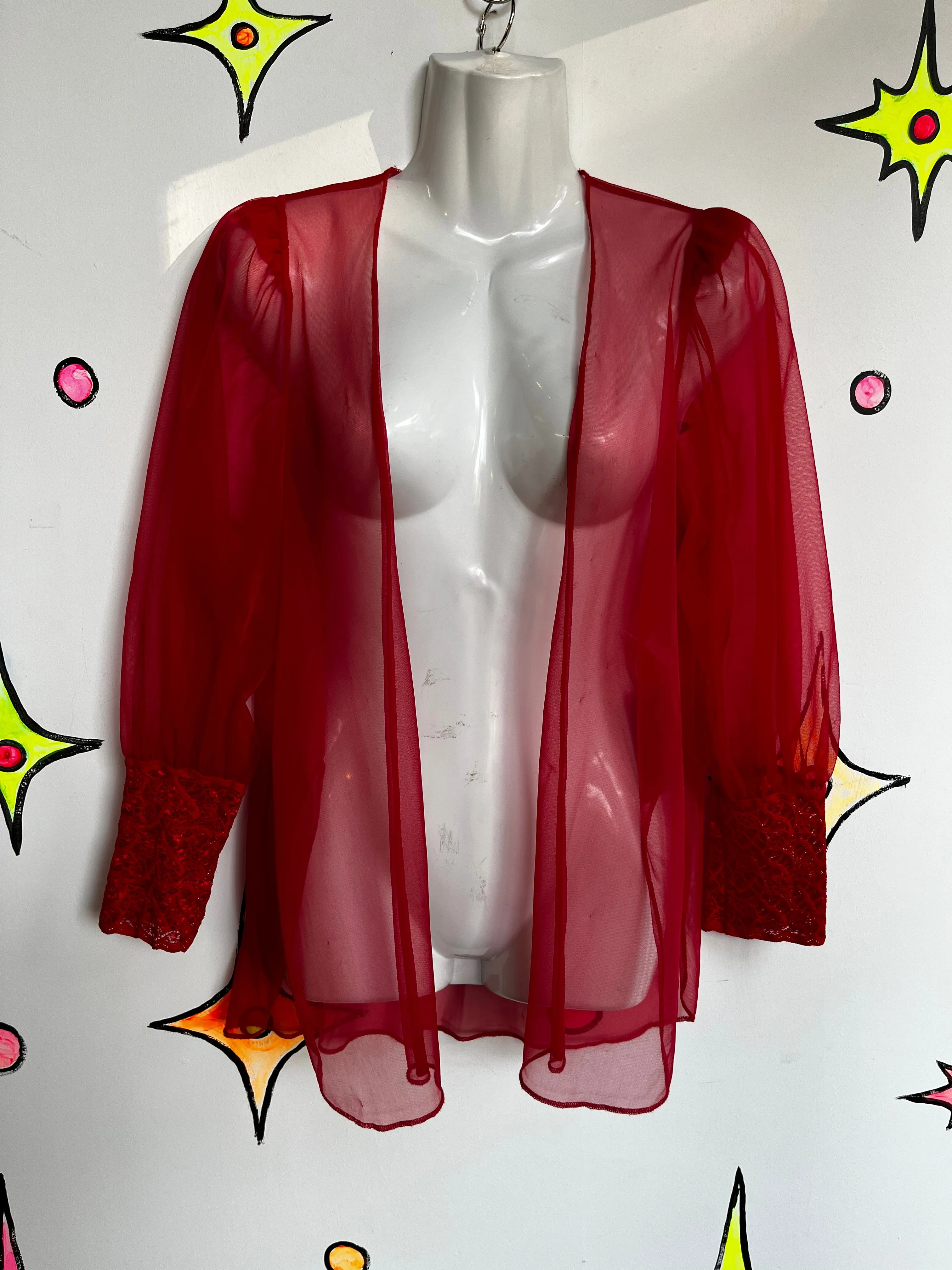 Vintage 50s 60s | Red Sheer Pegnoir Nighty Robe Kimono | Size Medium