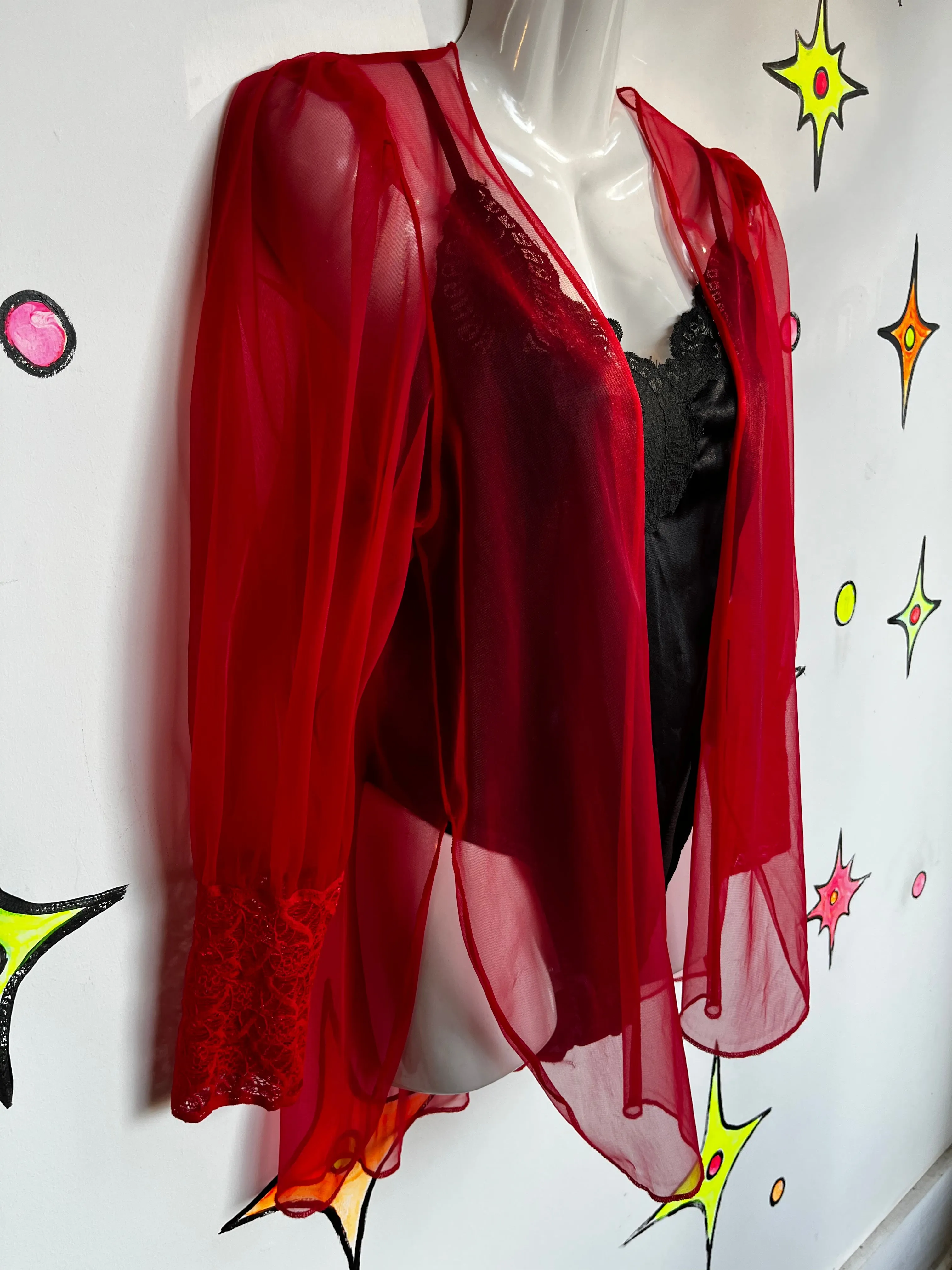 Vintage 50s 60s | Red Sheer Pegnoir Nighty Robe Kimono | Size Medium