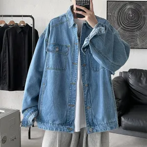 WIAOFELLAS -  Men&#39;s Fashion Trend Pure Color Blue Denim Jackets Loose Casual Long Sleeve Outerwear Pocket Popular Coats Plus Size M-2XL